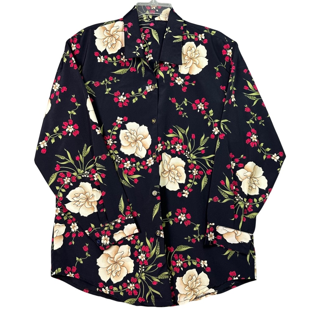 Esther Fashion Floral Button Up Blouse Vintage Style‎ Black Cream Pink Large